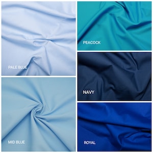 May include: Four fabric swatches in different shades of blue. The swatches are arranged in a grid, with the top left swatch being the lightest shade of blue and the bottom right swatch being the darkest shade of blue. The swatches are labeled "Pale Blue", "Peacock", "Navy", "Mid Blue", and "Royal".