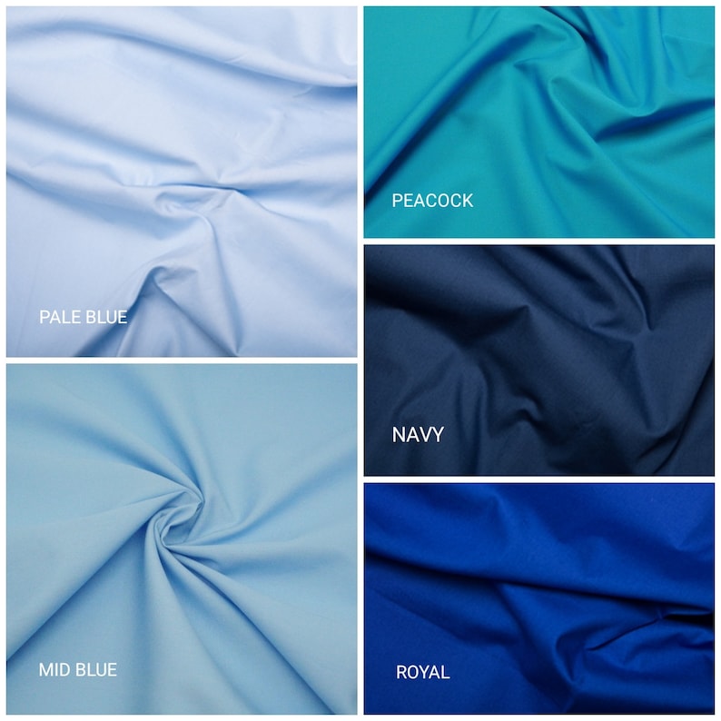 May include: Four fabric swatches in different shades of blue. The swatches are arranged in a grid, with the top left swatch being the lightest shade of blue and the bottom right swatch being the darkest shade of blue. The swatches are labeled "Pale Blue", "Peacock", "Navy", "Mid Blue", and "Royal".