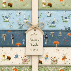 Mice Geese Whimsical Fields Themed 100 % Premium Cotton Fabric By Nutex 112cm Wide Illustrated Nature Toadstools Meadows