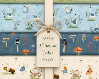 Mice Geese Whimsical Fields Themed 100 % Premium Cotton Fabric By Nutex 112cm Wide Illustrated Nature Toadstools Meadows