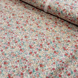 Liberty Style Vintage Floral 100% Cotton Premium Fabric By Sevenberry. 112cm Wide. Ivory, Teals, Reds, Greens. Flowers, Ditsy Florals.