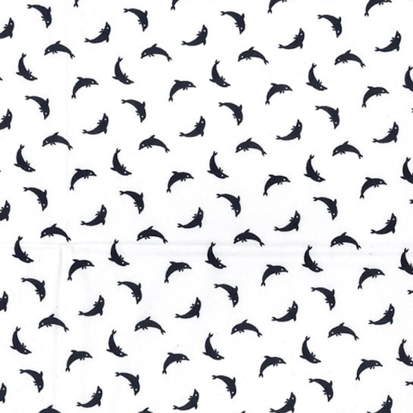 Dolphins 100% Cotton Fabric. Rose & Hubble High Quality Cotton. Sea Animals, Marine Life. Tiny Dolphins. White And navy. 112cm wide.