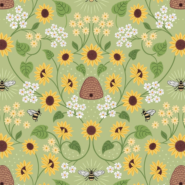 Sunflowers, Bees 100% Cotton premium Fabric. By Lewis & Irene Sunflowers, Beehives, Daisies, Leaves, Flowers. Bumble Bees, 112cm Wide.