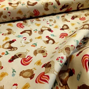 Chicken Fabric 100% Cotton Material By Makower Fabrics 112cm Wide, On The Farm Cockerels Hens Chickens Chicks Farmyard Animals Quilting