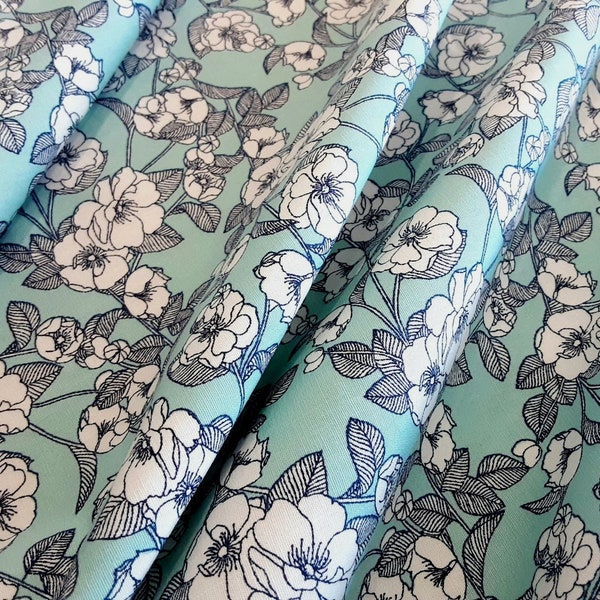 Duck Egg Blue Flowers 100% Cotton Poplin Fabric. Rose & Hubble 112cm Wide. Navy, Ivory. Hawthorn Rose style Floral Fabric. High Quality