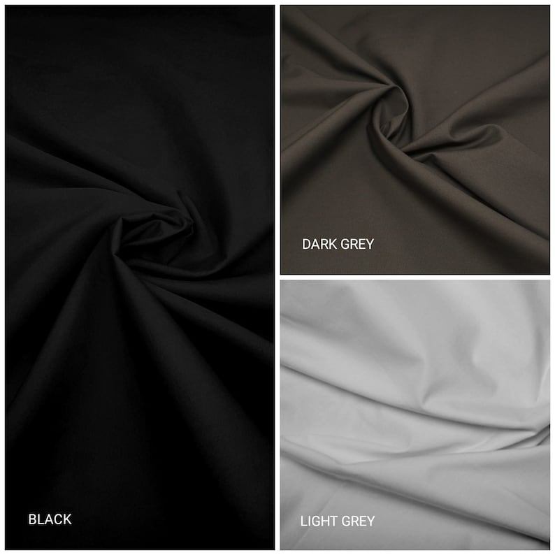 May include: Three fabric swatches in different shades of gray. The swatches are arranged in a grid, with "BLACK" at the bottom left, "DARK GREY" at the top right, and "LIGHT GREY" at the bottom right.