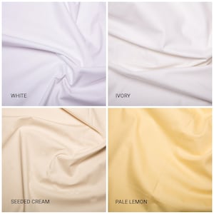 May include: Four fabric swatches in different colors: white, ivory, seeded cream, and pale lemon. The swatches are arranged in a grid.