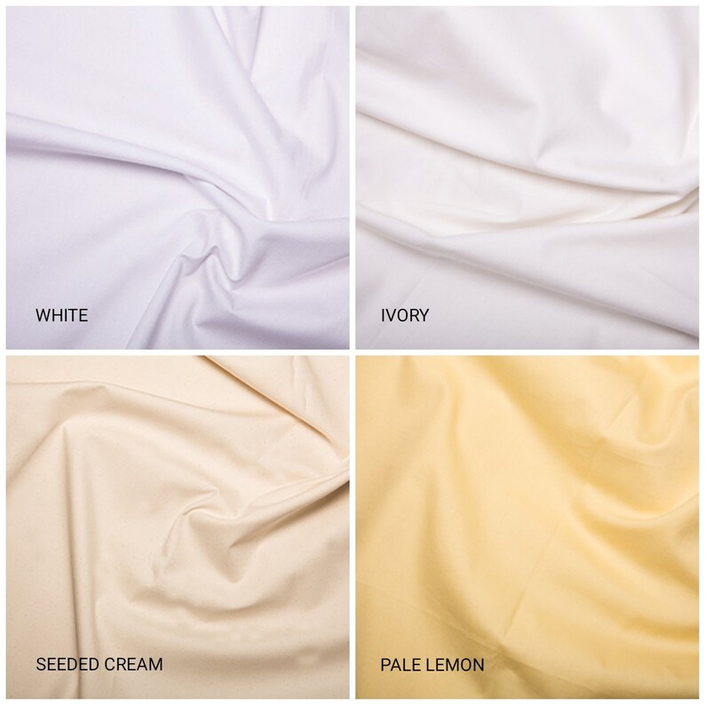 May include: Four fabric swatches in different colors: white, ivory, seeded cream, and pale lemon. The swatches are arranged in a grid.