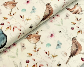 Garden Birds Wild Meadow Floral 100% Cotton Premium Fabric.112cm Wide. Cream, Wrens, Blackbirds, Thrush, Spring Flowers, Eggs. High Quality