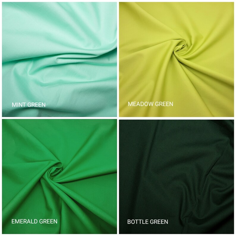May include: Four fabric swatches in different shades of green: mint green, meadow green, emerald green, and bottle green.