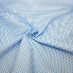May include: A light blue and white gingham fabric with a small checkered pattern.