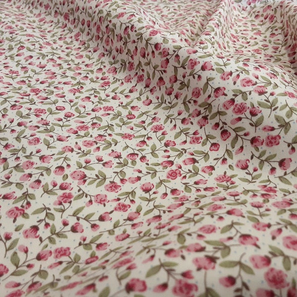 Ditsy Small Flowers Vintage Style 100% Cotton Poplin Fabric. 122cm Wide Rose & Hubble, Tiny Ditsy Flowers, Pink Rose Buds On Cream.