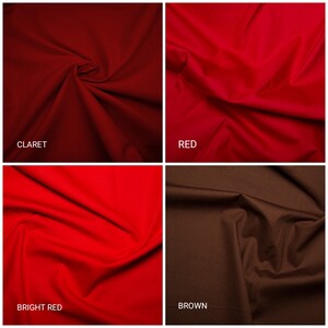 May include: Four fabric swatches in different shades of red and brown. The swatches are arranged in a grid, with "CLARET", "RED", "BRIGHT RED", and "BROWN" labeled below each swatch.