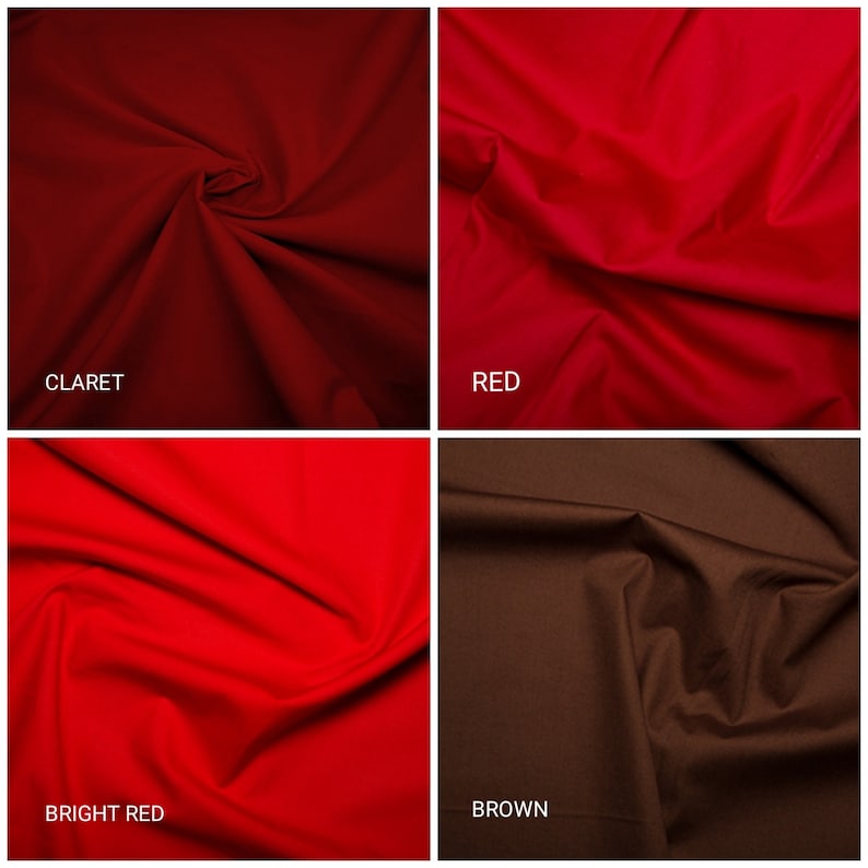 May include: Four fabric swatches in different shades of red and brown. The swatches are arranged in a grid, with "CLARET", "RED", "BRIGHT RED", and "BROWN" labeled below each swatch.