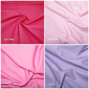 May include: Four fabric swatches in different shades of pink and purple. The swatches are labeled "Hot Pink", "Pale Pink", "Candy Pink", and "Lilac".
