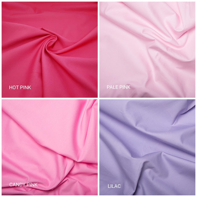 May include: Four fabric swatches in different shades of pink and purple. The swatches are labeled "Hot Pink", "Pale Pink", "Candy Pink", and "Lilac".