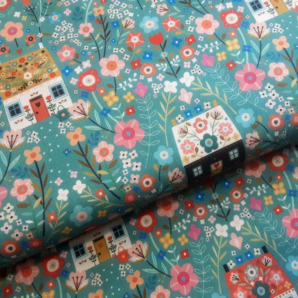 Country Floral Cottages 100% Cotton Premium Fabric. Dashwood Fabrics. 112cm Wide. Strawberry Flowers, Flower Gardens, Quirky Houses.