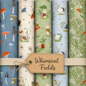 May include: Five rolls of fabric featuring various patterns including mushrooms, mice, and geese, tied together with a beige ribbon and a brown paper tag that reads Whimsical Fields. The fabric designs include blue, cream, and green backgrounds.