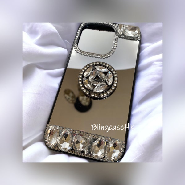 Mirror Face Finger Ring Kickstand Diamond Gemstone Rhinestone Soft Case for iPhone 7 8 Plus X XR Xs Max 11 12 13 14 15 Pro Max Plus Mini SE