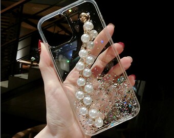 Glitter Gold Leaf Pearl Chain Bracelet Resin Clear Case For iPhone SE 6 7 8 Plus X XR Xs Max 11 12 13 14 15 Pro Max Samsung S 22 23 24 Ultra