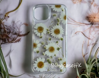 Gepresste Getrocknete Blume Echte Natürliche Gänseblümchen Harz Klare Hülle Für iPhone SE 6 7 8 Plus X XR Xs Max 11 12 13 14 15 Pro Max Samsung S22 23 24 Ultra