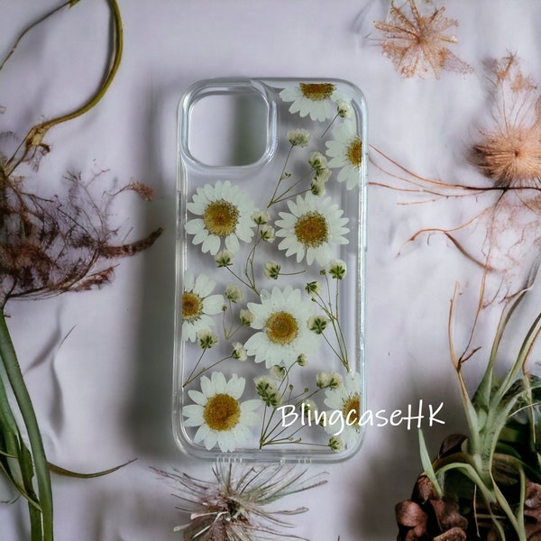 Pressed Dried Flower Real Natural Daisy Resin Clear Case For iPhone SE 6 7 8 Plus X XR Xs Max 11 12 13 14 15 Pro Max Samsung S22 23 24 Ultra