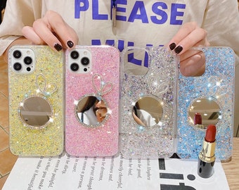 Glitter Bling Cute Mirror Rabbit Ear Resin Clear Case For iPhone 7 8 Plus X XR Xs Max 11 12 13 14 15 Pro Max Mini SE Samsung S22 23 24 Ultra