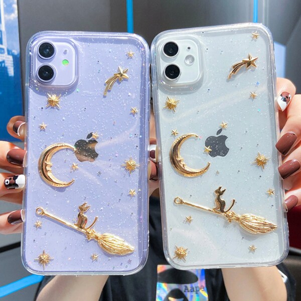 Glitter Bling Cute Stars Moon Broom Cat Resin Clear Case For iPhone SE 7 8 Plus X XR Xs Max 11 12 13 14 15 Pro Max Samsung S 22 23 24 Ultra