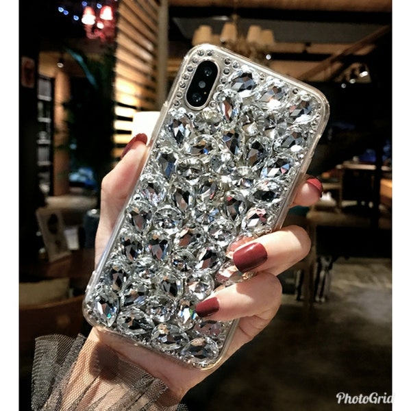 Étui pour iPhone transparent strass diamants Bling Swarovski 7 8 Plus X XR Xs Max 11 12 13 14 15 Pro Max Mini SE Samsung S22 23 24 Ultra