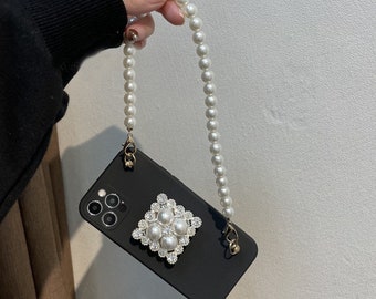 Diamond Holder Stand Pearl Chain Bracelet Soft Case For iPhone 7 8 Plus X XR Xs Max 11 12 13 14 Pro Max Mini SE Samsung S21 22 23 Ultra Note