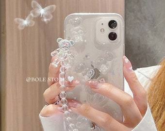 Glitter Bling Bear Chain Bracelet Resin Clear Case For iPhone 7 8 Plus X XR Xs Max 11 12 13 14 15 Pro Max Mini SE Samsung S22 23 24 Ultra FE