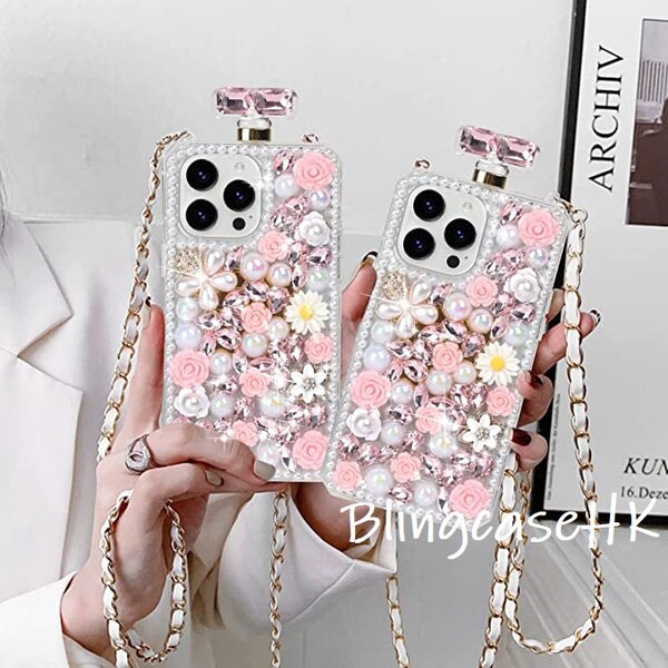 Crossbody Long Chain Pearl Crystal Perfume Bottle Clear Case For iPhone 7 8 Plus X XR Xs Max 11 12 13 14 15 Pro Max SE Samsung S 23 24 Ultra