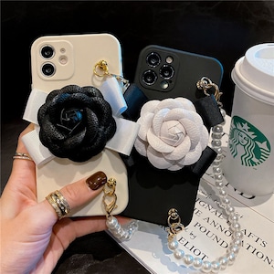 Camellia Flower Pearl Chain Strap Bracelet Soft Case For iPhone 7 8 Plus X XR Xs Max 11 12 13 14 15 Pro Max Mini SE Samsung S 22 23 24 Ultra