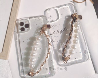 Glitter Bling Pearl Chain Bracelet Resin Clear Case For iPhone SE 7 8 Plus X XR Xs Max 11 12 13 14 15 Pro Max Mini Samsung S 22 23 24 Ultra