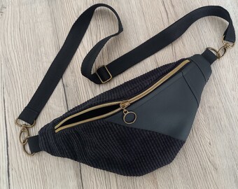 Bauchtasche Cord, Material Mix schwarz, personalisierbar