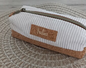 Pencil case, cosmetic bag beige, cord and cork fabric, personalized