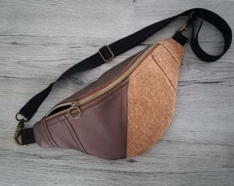 Bauchtasche,Material Mix,  Kunstleder Bronze mit Korkstoff, personalisierbar