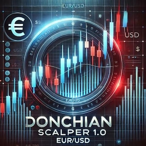 May include: A digital illustration of a financial chart with a blue and red color scheme. The chart is labeled "EUR/USD" and "Donchian Scalper 1.0".