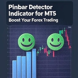 Puede incluir: Gráfico digital con el texto "Pinbar Detector Indicator for MT5 Boost Your Forex Trading". La imagen presenta un gráfico con barras azules, caras sonrientes verdes y patrones de velas rojas y verdes.