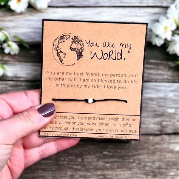 You Are My World / Beaded handmade wish bracelet / Rope string adjustable jewelry / Comes with card / Boyfriend Girlfriend Valentines day