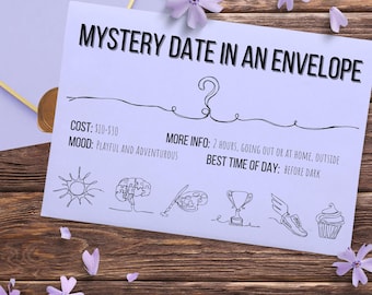 Puede incluir: Una tarjeta de color violeta claro con el texto MYSTERY DATE IN AN ENVELOPE, un signo de interrogación e iconos de línea que incluyen un sol, un cerebro de rompecabezas, una paleta, un trofeo, un zapato alado y un cupcake. Incluye detalles.