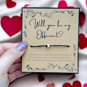 ¿Serás mi oficiante? / Pulsera de deseos con cuentas / Joyería ajustable con cordón / Con tarjeta / Dama de honor, boda, compromiso, pastor