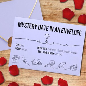 May include: A light purple card titled MYSTERY DATE IN AN ENVELOPE with black line art icons including a puzzle brain, hands, book, magnifying glass, umbrella, and printer. Text includes COST: FREE, MOOD: PLAYFUL, and details about time and location.