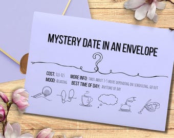 Puede incluir: Una tarjeta de color violeta claro titulada MYSTERY DATE IN AN ENVELOPE con iconos de línea negra que incluyen una lupa, huellas, una taza de té, una nube de pensamiento, un timbre de servicio y una paleta de pintura, con texto informativo.