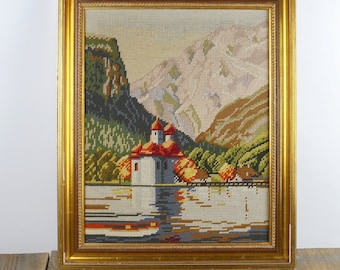 vintage painting, embroidered in a wooden frame, Castle, wall decoration, embroidered painting, hand embroidery building