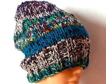 Boho hoed van wol, gebreid, kleurrijk, gemêleerd, grote hoed, voor een meisje, voor een vrouw, hoed met fantasie, grote wintermuts, voor een cadeau