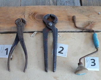 old tools, metal tools, antique hand cutting tools, hand drill, vintage collection, home improvement