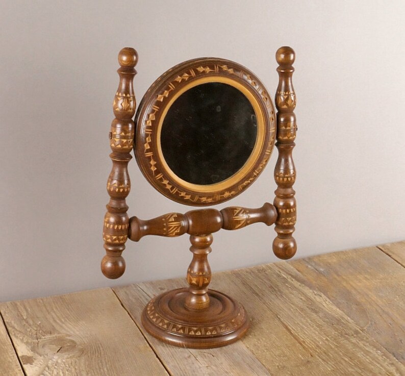 Old Wooden Standing Mirror Fashioned Small Dresser Moving Revolving Round