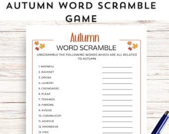 Juego imprimible Autumn Word Scramble, Fall Word Scramble, Juego de preguntas de septiembre,