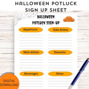 Halloween Potluck Sign-up, Halloween Office Party Sign-up Sheet, Instant Download